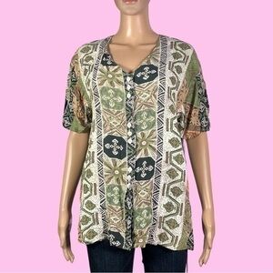 Vintage Elegance Boho, Tribal Print Button Front Top Size Large - "Dorcas"